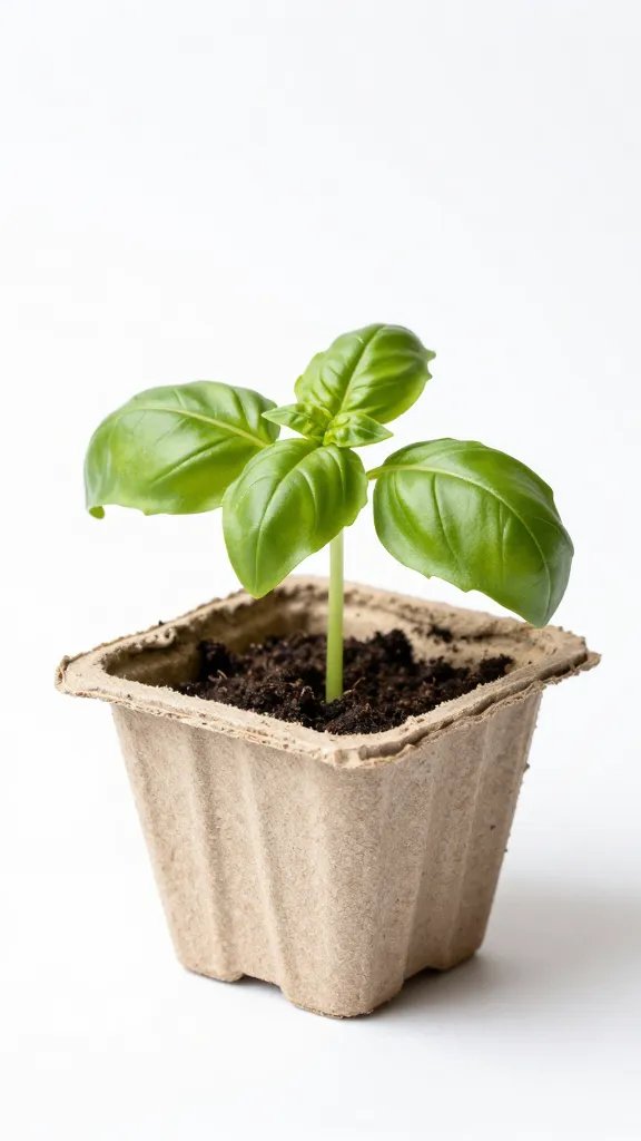 Single biodegradable seed tray cell with sprouted basil