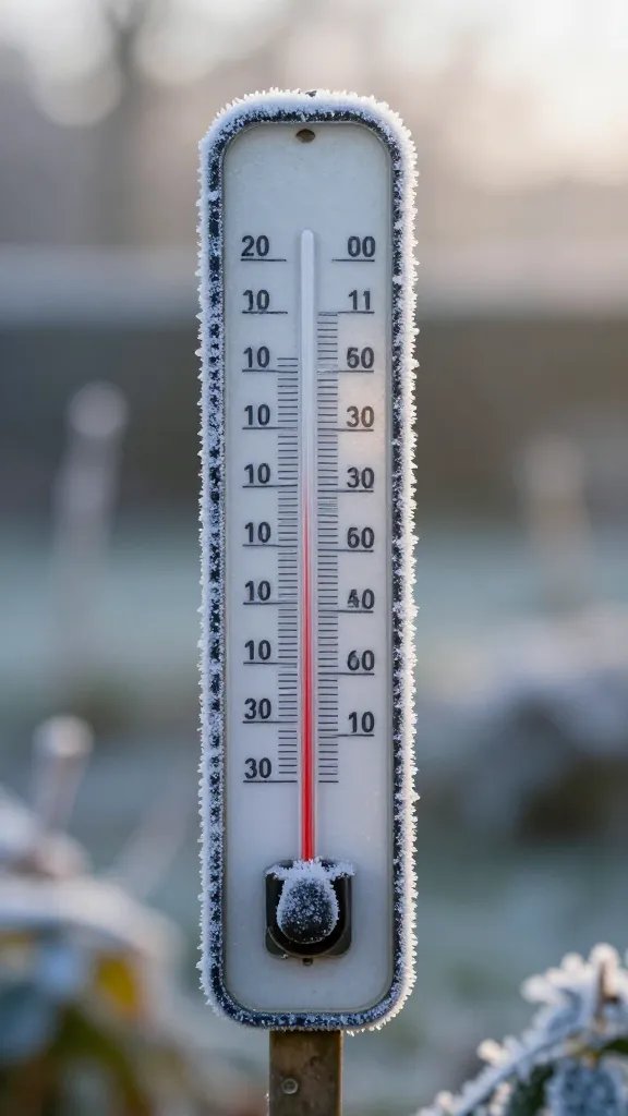 frost-dusted garden thermometer at sunrise, shallow depth