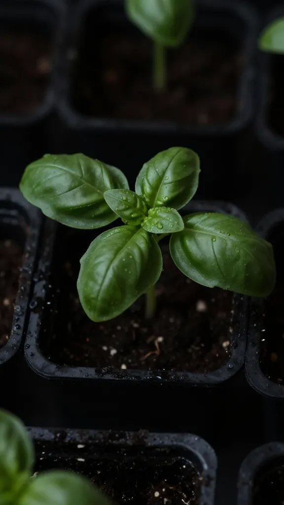 closeup basil seedling in black nursery cell, moody light
