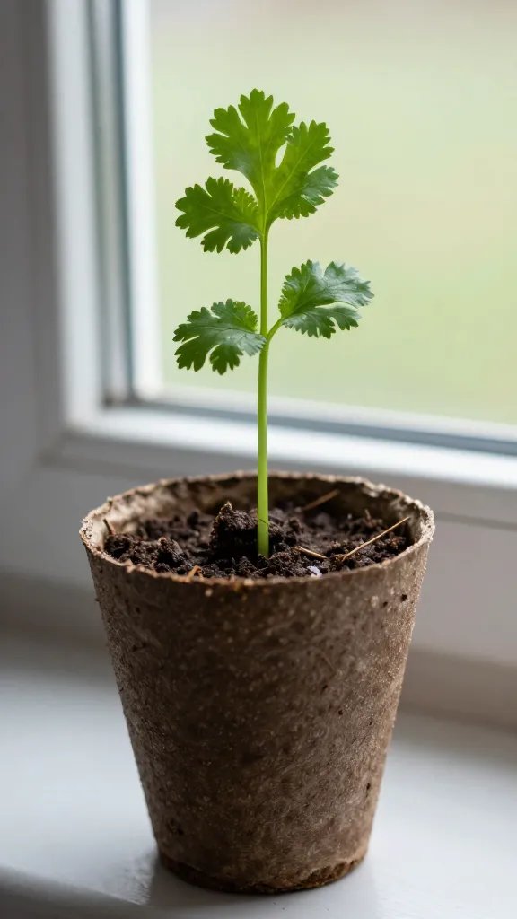 single cilantro sprout in peat pot, cool window light