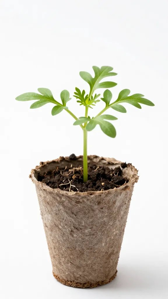 dill seedling in biodegradable pot, shallow depth of field