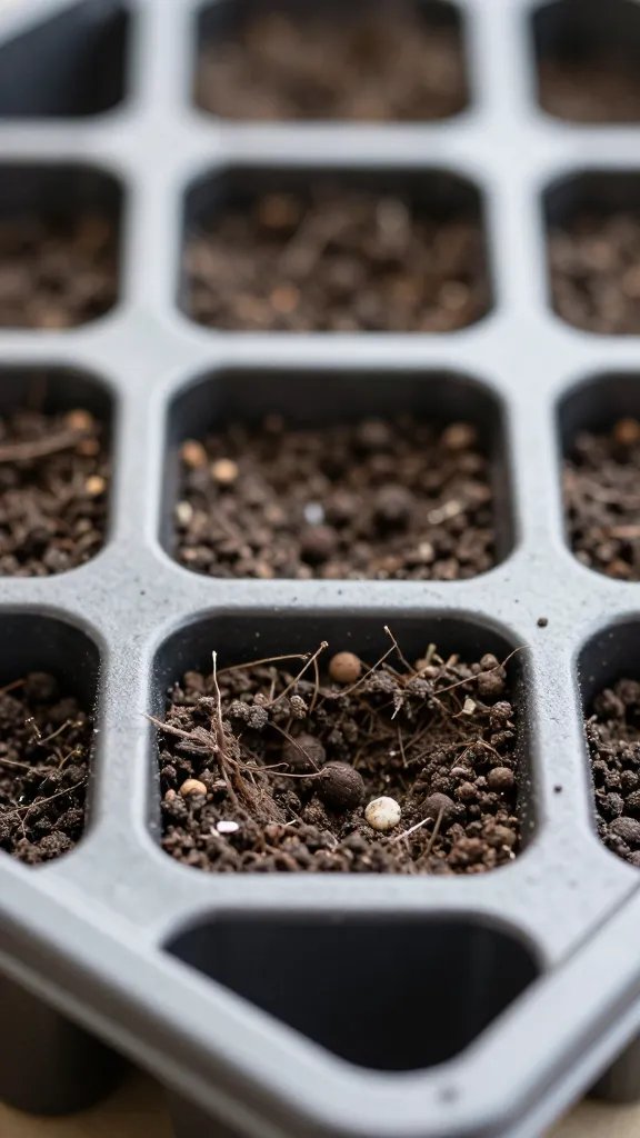closeup of seed-starting mix in a single cell tray