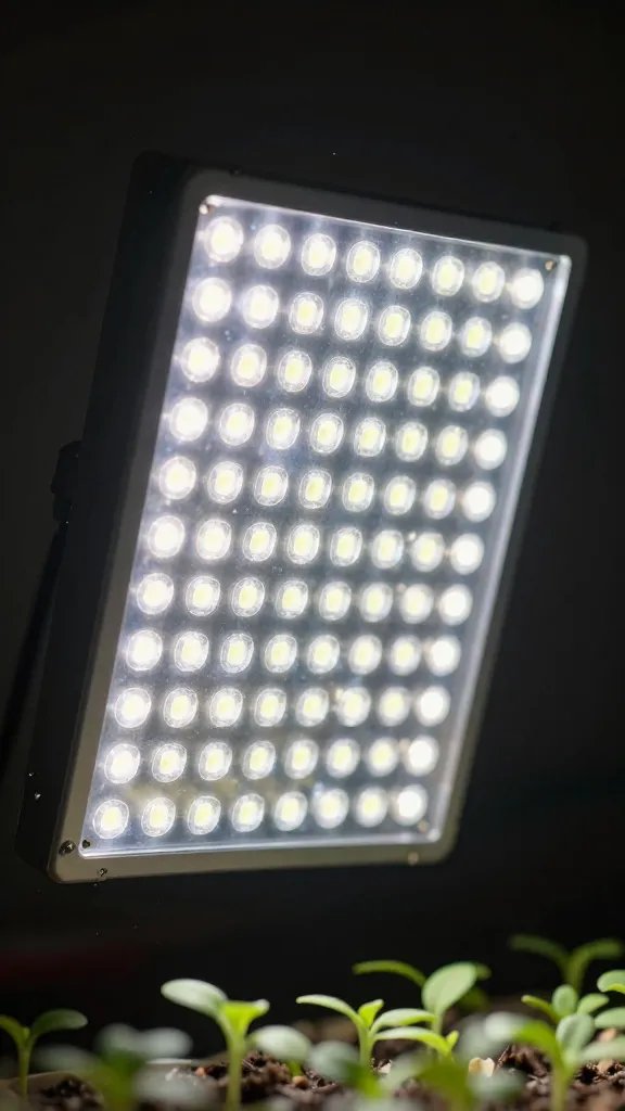 single LED grow light panel over seedling, shallow depth of field
