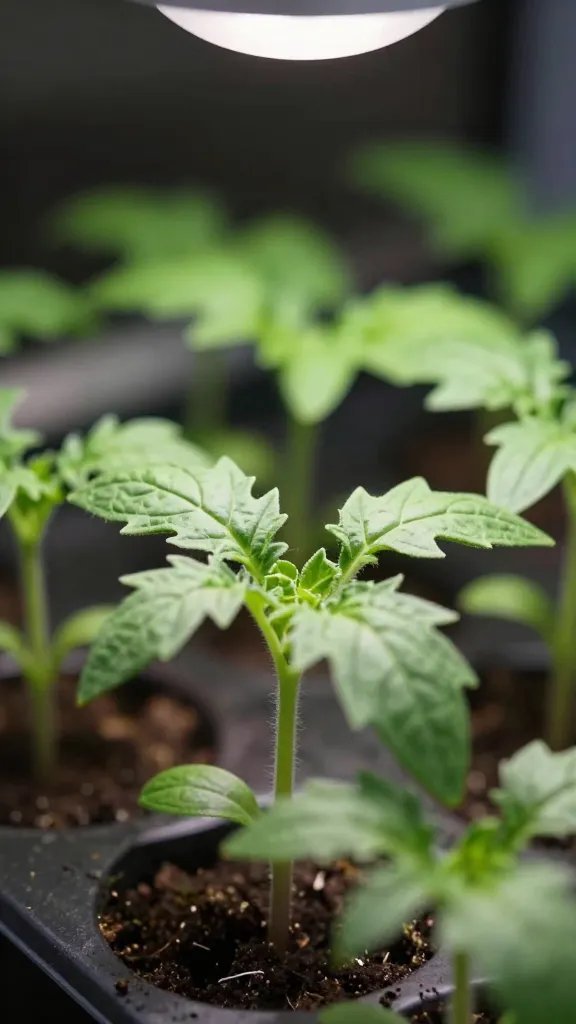 closeup of tomato seedling in cell tray under grow light