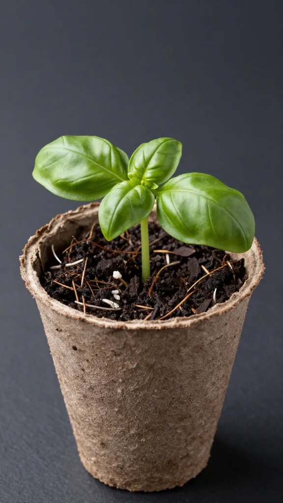 single basil sprout in biodegradable pot on moist seed mix