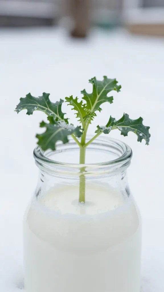 closeup of kale seedling in snow-filled milk jug container