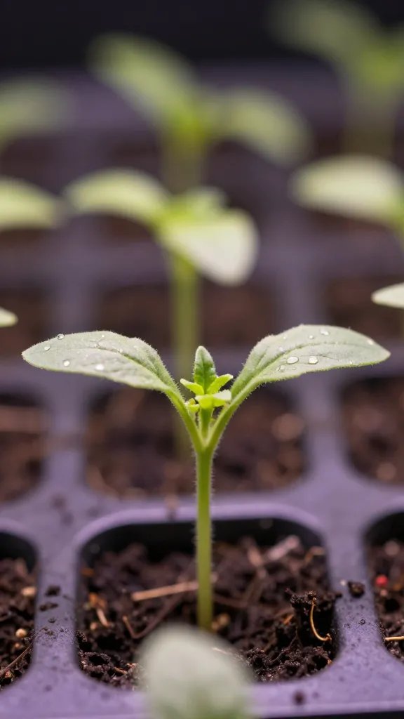 macro of tomato seedling under LED grow light in seed tray