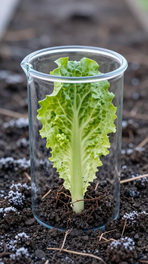 single lettuce sprout emerging from frosty soil in clear jug