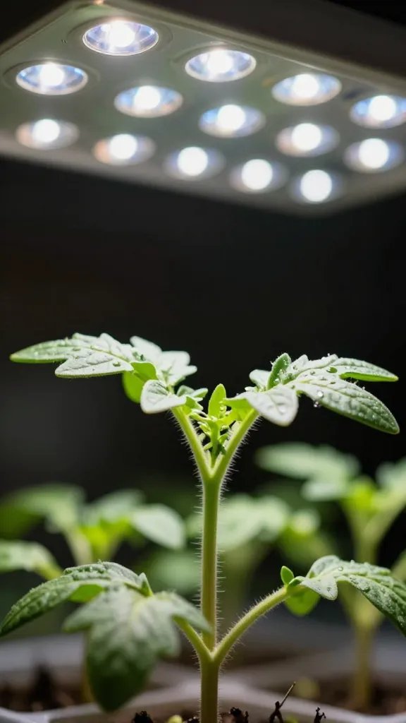 closeup of tomato seedling under LED grow light