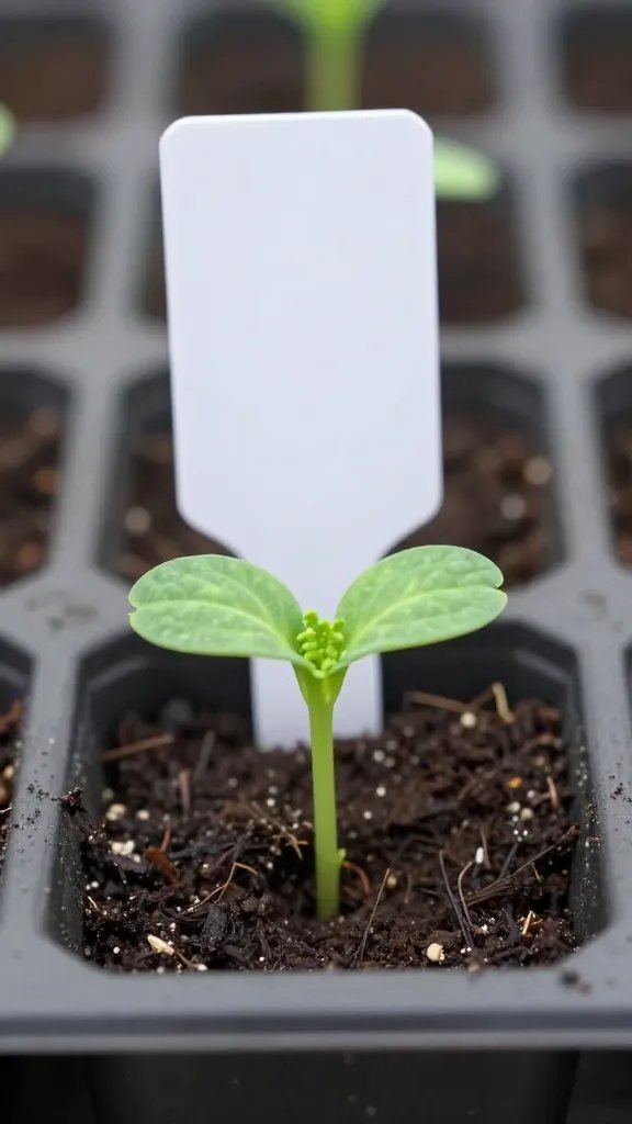single labeled seedling tray cell with broccoli sprout