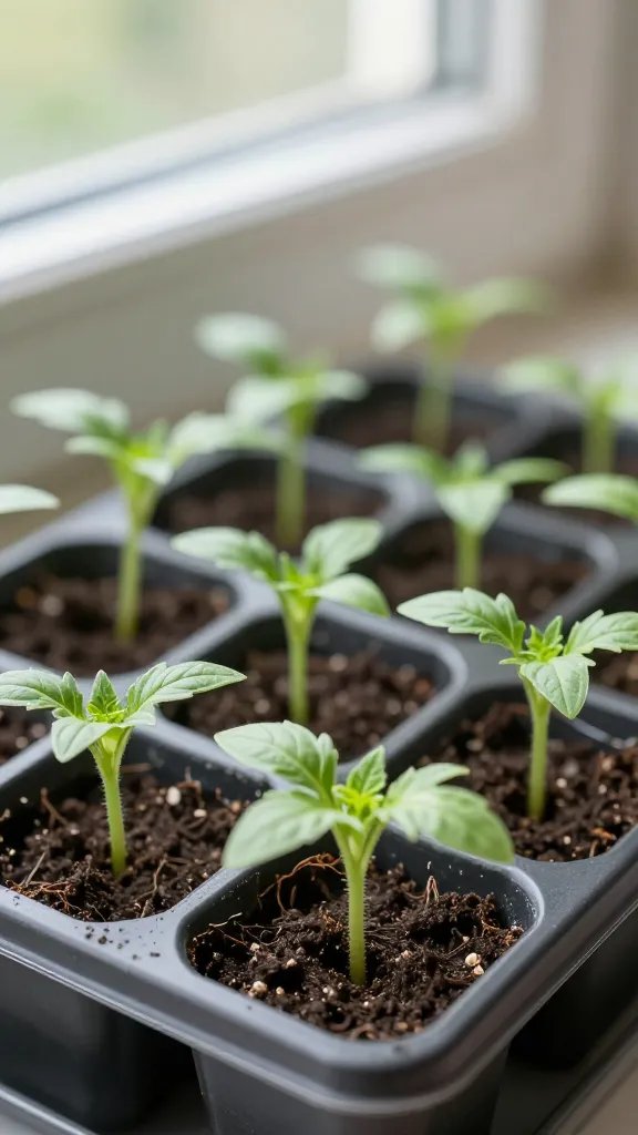 closeup seed tray with labeled tomato seedlings, window light