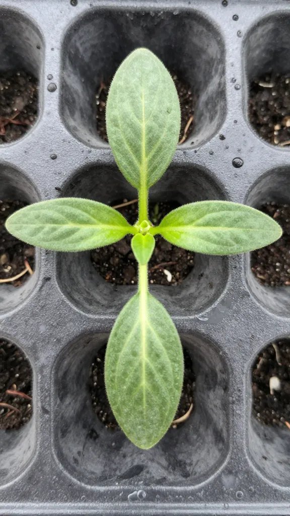 single pepper seedling in cell plug, moisture domed condensation