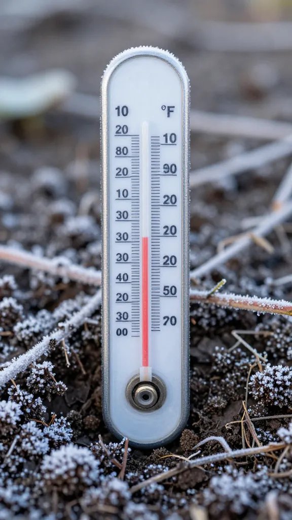 frost-dusted garden soil thermometer reading 32°F, macro shot