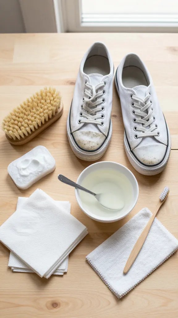 Overhead flat-lay of a small cleaning setup for white canvas sneakers on a light wood table: one white canvas shoe visibly dirty with gray scuffs and a matching clean shoe beside it, a soft-bristle brush with sudsy mild soap, a small bowl of warm soapy water, a white microfiber cloth, and an old toothbrush. Include a short stack of white paper towels and a dab of baking soda on a spoon. Bright natural window light, neutral background, no branding, realistic lifestyle style.