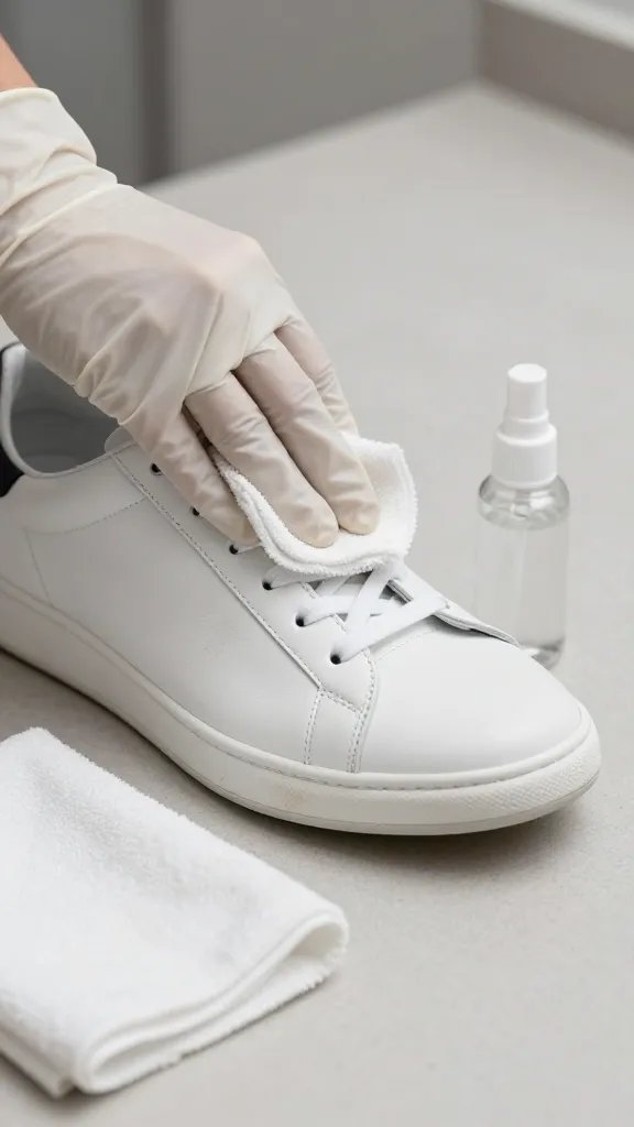 Close-up side view of a white leather sneaker mid-cleaning: a hand wearing a thin nitrile glove gently wiping the leather upper with a barely damp microfiber cloth, a small pump bottle labeled only by color (clear liquid inside) nearby, and a dry cloth laid out to emphasize low moisture use. The shoe’s stitching and texture are sharp; toe box shows faint dirt on one half and clean on the other. Soft studio lighting, minimalist countertop, no text or logos, high realism.