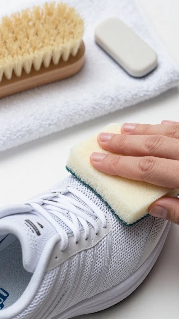 Macro shot of a white mesh running shoe being carefully dabbed: a hand pressing a clean sponge onto the mesh (not scrubbing), with a suede/mesh combo visible on the heel. In the background, a suede brush and a white rubber eraser block are placed on a folded towel to suggest specialized tools. Focus on the mesh texture and gentle dabbing motion; cool, even lighting; clean, uncluttered setting; no branding or text.