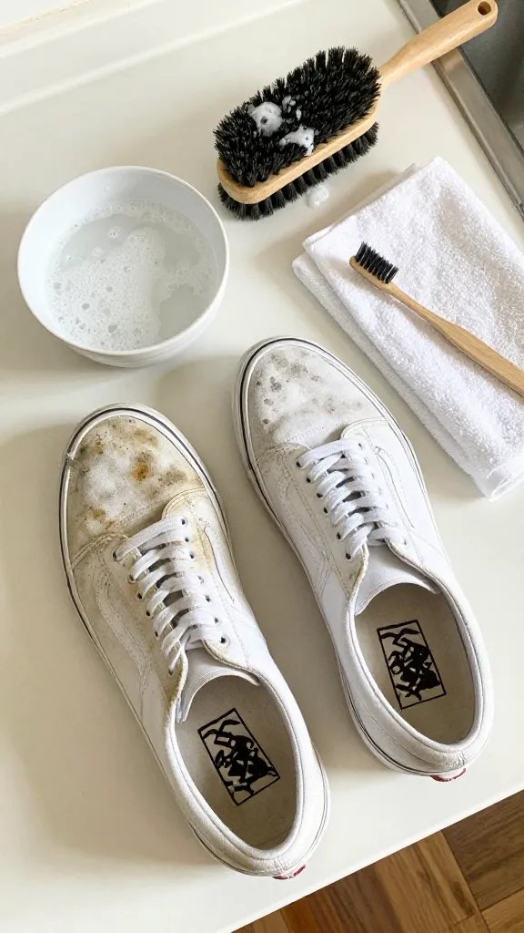 Overhead shot of a pair of well-worn white Vans (canvas) on a clean kitchen counter: one shoe dirty with coffee splashes and gray scuffs, the other half-cleaned to show contrast. Surrounding items neatly arranged: a small bowl of soapy water, a soft-bristle brush with suds, a white microfiber towel, and a toothbrush. Natural daylight from the side, neutral background, no branding or text, focus on the cleaning process and before/after clarity.