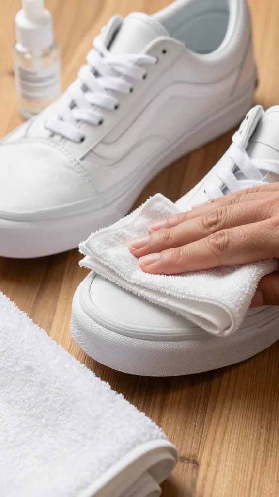 Close-up of white leather Vans on a wooden surface being gently wiped with a slightly damp microfiber cloth. A small pump bottle labeled only by color (clear liquid inside) sits nearby, along with a dry towel. Emphasize the smooth leather texture, minimal moisture, and clean rubber foxing. Soft, warm lighting; composition highlights careful, chemical-free cleaning.
