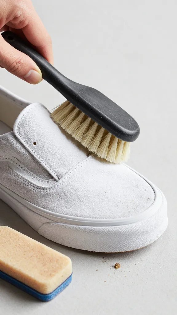 Macro scene of white suede Vans being dry-cleaned: a hand using a suede brush and a separate suede eraser on a dusty toe box. No water present—surface appears matte and powdery with loosened dirt visible. Neutral backdrop, soft diffuse lighting to show suede nap without glare. Include a small dish collecting brushed-off debris to reinforce the “dry first” prep step.
