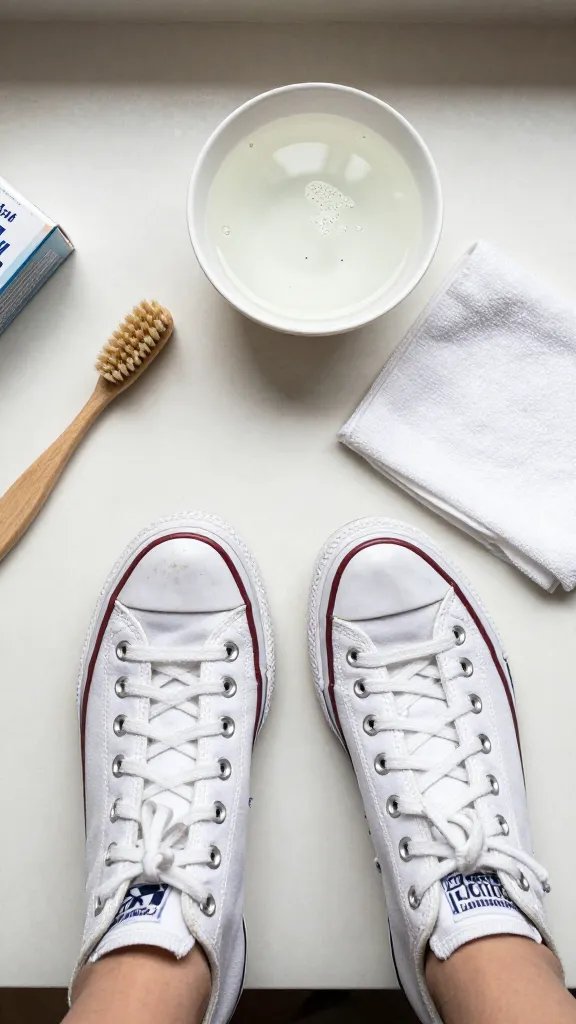 Overhead shot of a pair of well-worn white canvas Converse on a light, clean countertop, with simple cleaning tools arranged neatly around them: a soft-bristle toothbrush, a small bowl of warm water with a few drops of mild dish soap visible, a clean white microfiber cloth, and a baking soda box partially in frame. Natural daylight, minimal shadows, no text, focus on a quick, gentle, chemical-free cleaning vibe.