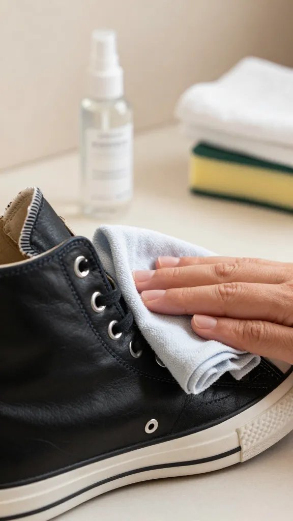 Close-up, side-angle detail of a black leather Converse sneaker being wiped with a damp, soft microfiber cloth. In the background slightly out of focus: a small spray bottle labeled only by appearance (clear liquid), a soft sponge, and a towel. The leather looks smooth and slightly glossy, emphasizing gentle care without harsh cleaners. Warm indoor lighting, clean, modern surface.
