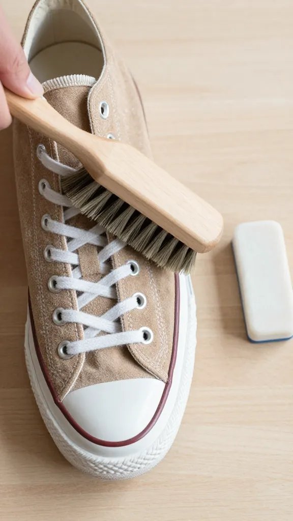 Top-down, process-style scene for suede Converse care: a tan suede Converse sneaker with visible light dust, a suede brush mid-motion brushing in one direction, and a white pencil-style eraser placed nearby. The setup is on a neutral wooden surface, with no water present to imply a dry-clean method. Soft natural light, crisp detail on suede texture, no text.