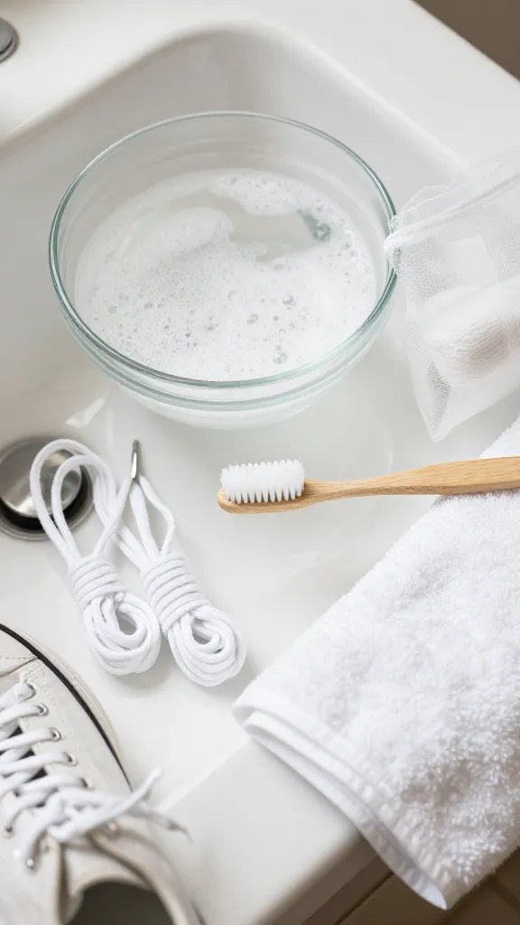 Overhead close-up of a small bathroom sink setup for cleaning white cotton shoelaces: two laces coiled loosely beside a clear glass bowl filled with warm soapy water, a soft-bristle toothbrush with suds on it, a mesh laundry bag partially open, and a white towel for drying. Include a sneaker with the laces removed in the corner of the frame. Bright, natural light, minimal modern setting, neutral tones, no text.