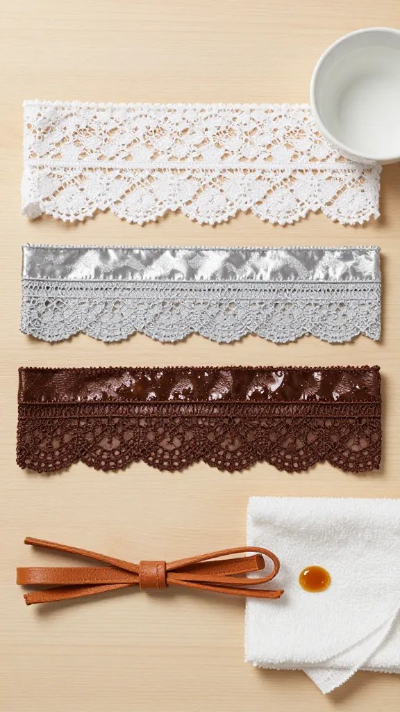 Side-by-side flat lay comparing lace materials on a clean wooden surface: labeled visually by texture only (no text), show four distinct pairs—matte white cotton laces slightly fuzzy, smooth shiny polyester laces in light gray, slightly glossy waxed laces in dark brown with water beading on them, and flat leather laces in tan with a small dab of leather conditioner and a soft cloth nearby. Include a small bowl of water and a separate dry microfiber cloth to imply different cleaning methods. Soft studio lighting.