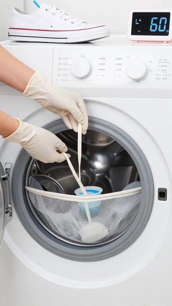 Action shot: hands wearing nitrile gloves dropping a pair of off-white polyester laces into a front-loading washing machine via a mesh laundry bag, with a small cup of mild detergent and a color-safe oxygen bleach tub on the washer top. The sneaker sits on the side with eyelets empty, and a timer on a smartphone nearby showing under 60 minutes. Clean, bright laundry room setting, realistic textures, no text.