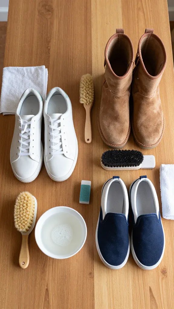 Overhead shot of a tidy home cleaning setup on a wooden table: three pairs of shoes arranged by material—white leather sneakers, tan suede boots, and navy canvas slip-ons—each with dedicated tools beside them. Next to the leather sneakers: a soft microfiber cloth, small bowl with diluted gentle cleanser, and a soft-bristle brush. Next to the suede boots: a suede brush and a suede eraser, both dry with a few crumbs visible. Next to the canvas slip-ons: a small bowl of soapy water and a soft sponge. Off to the side: a magic eraser and a towel. Natural daylight, no text, clean minimalist aesthetic.