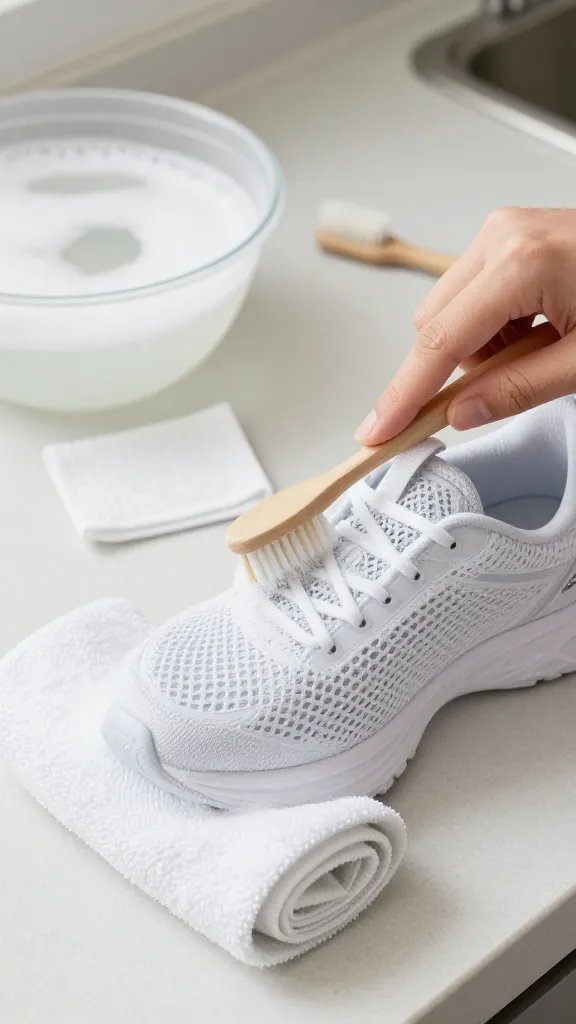 Close-up, step-by-step style composition focusing on cleaning a white mesh/knit running shoe: a hand using a soft toothbrush with a tiny amount of suds, carefully working in small circles on the mesh upper; the shoe is supported by a rolled towel to keep its shape. In the background slightly blurred: a bowl of mild soapy water, a second dry microfiber cloth for blotting, and visible but unused harsher tools kept away to imply gentleness. Bright, soft lighting, modern kitchen countertop setting, no text.
