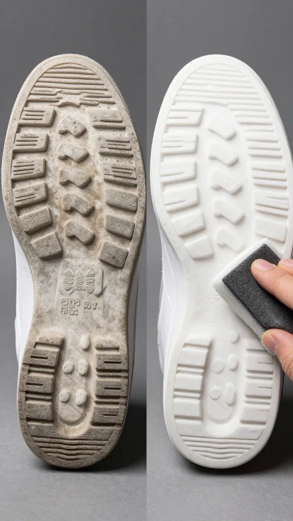 Dramatic before-and-after diptych of a single white sneaker heel and outsole on a neutral background: left side shows scuffed, gray rubber with dirt in grooves; right side shows the same area after cleaning—bright, clean rubber with crisp edges. A hand holding a damp magic eraser is visible only in the right frame touching the rubber midsole. Consistent lighting and angle across both halves, high contrast and sharp detail, no text.