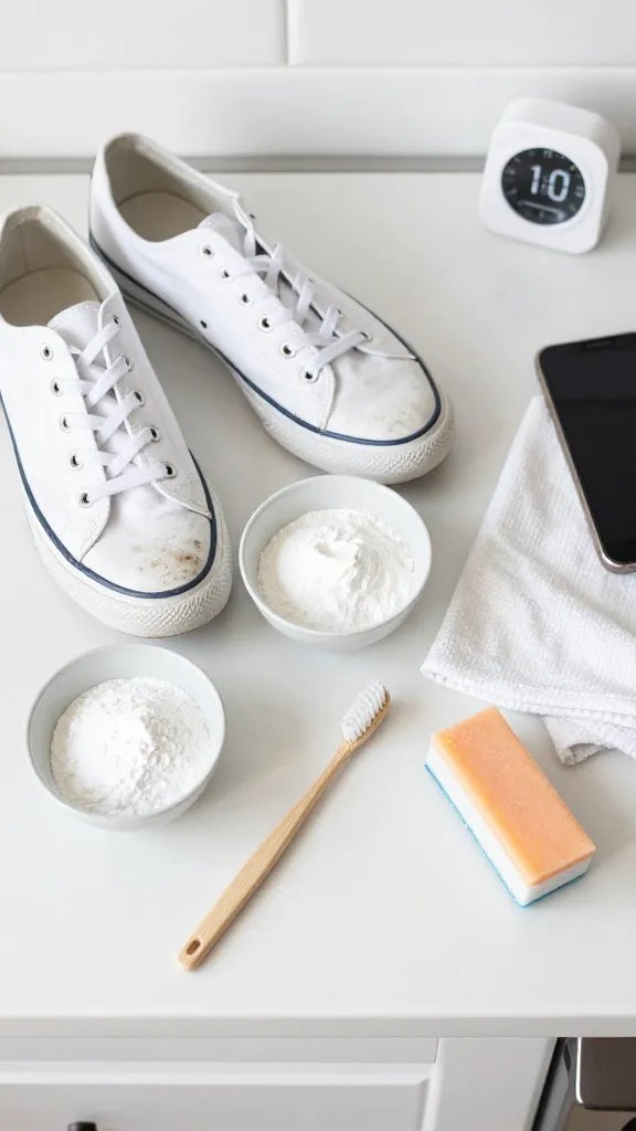 Overhead, well-lit scene of a messy kitchen counter turned DIY cleaning station: a pair of white canvas sneakers with one shoe half-cleaned to bright white and the other visibly scuffed; small bowls of baking soda and white vinegar, a soft toothbrush mid-scrub with foamy paste, a microfiber cloth, and a timer/phone showing 10 minutes. Include rubber soles being wiped with a magic eraser on the side. Bright, natural daylight, clean minimal background, no text.