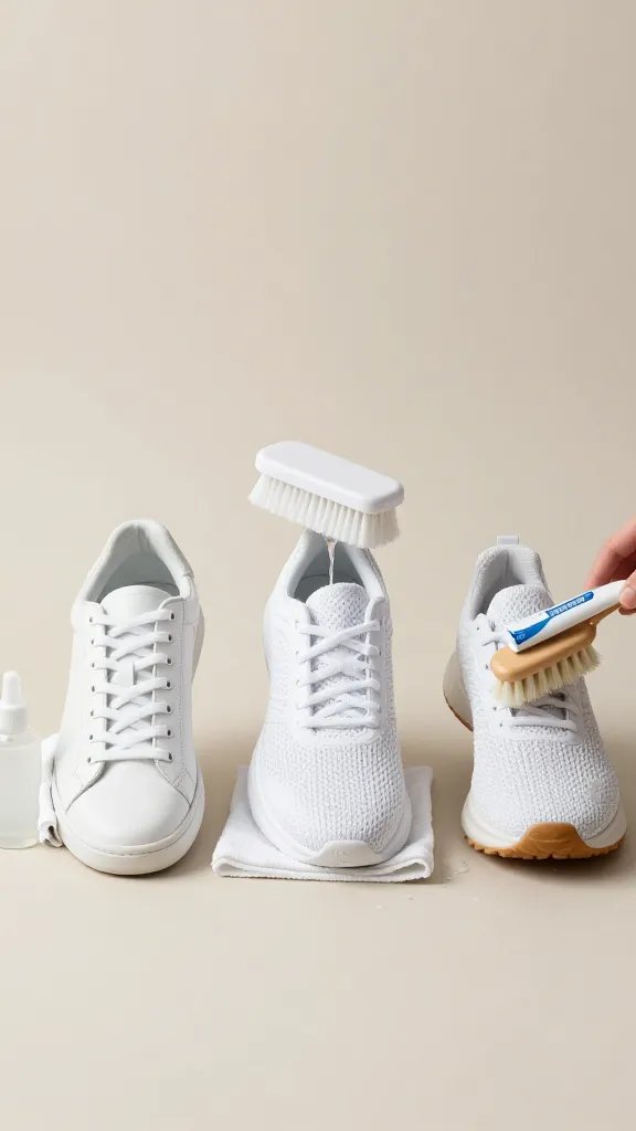 Split-material lineup on a neutral backdrop showing three different white shoes labeled by material via context (no text): left—white leather sneaker being gently wiped with a slightly damp microfiber cloth and a small bottle of mild soap nearby; center—white mesh/knit runner cleaned with a super-soft brush dipped in diluted soapy water, excess water drips controlled with a towel under the shoe; right—rubber sole close-up of a different shoe being cleaned with toothpaste on a soft brush. Subtle shadows, studio lighting.