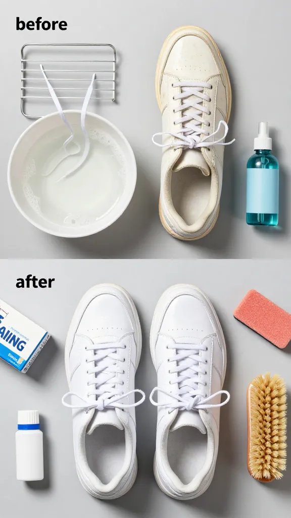 Before-and-after flat lay on a light grey surface: top row “before” shows dirty laces coiled, yellowed midsole, scuffed toe cap; bottom row “after” shows relaced bright-white sneakers, laces washed and straight, soles restored and glossy. Include props indicating process: bowl of warm soapy water with laces draped over a drying rack, a small bottle of hydrogen peroxide, baking soda box partially open, a soft brush, and a magic eraser. High contrast, crisp details, no text.