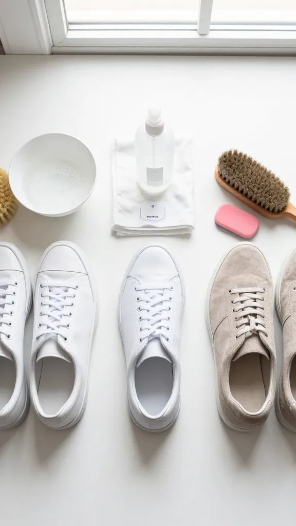 Overhead flat-lay on a clean white surface: three pairs of white sneakers arranged by material—left: canvas lace-ups with a soft-bristle brush and a small bowl of sudsy water; center: smooth leather low-tops with a microfiber cloth, white vinegar/water mix in a spray bottle, and a no-bleach label nearby; right: suede/nubuck trainers with a suede brush and a pink crepe eraser, no water present. Include a magic eraser and a separate rubber outsole close-up at the edge. Bright, natural window light, soft shadows, no text.