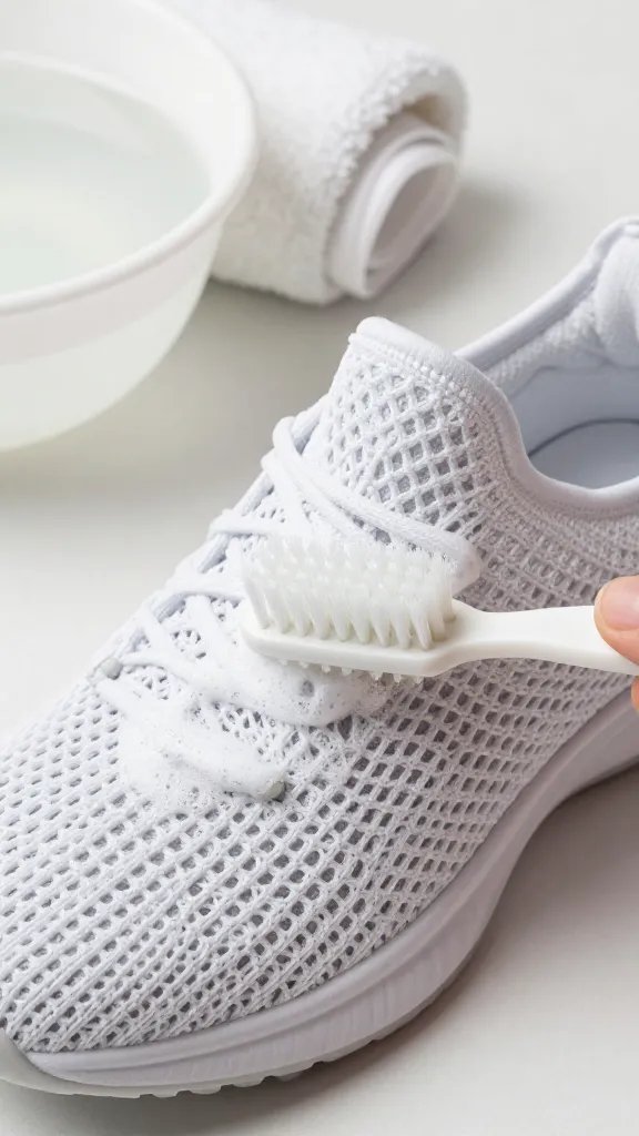 Close-up action shot of cleaning a white mesh/knit sneaker: a hand using a very soft toothbrush with diluted mild detergent foam, brushing gently along the knit pattern. Background shows a dry towel, a bowl of clear rinse water, and paper towels stuffed inside the shoe to keep shape. Emphasize texture of the mesh, light neutral background, high detail, no text.