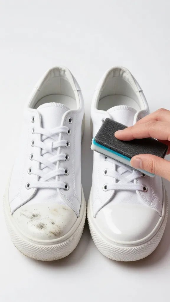 Before-and-after split scene on a white rubber-soled canvas sneaker: left half shows scuffed, dingy rubber sidewall with grey marks; right half shows glossy, bright-white rubber after using a magic eraser. A hand holds the magic eraser mid-wipe at the dividing line. Subtle reflections, clean studio lighting, minimal props, no text.