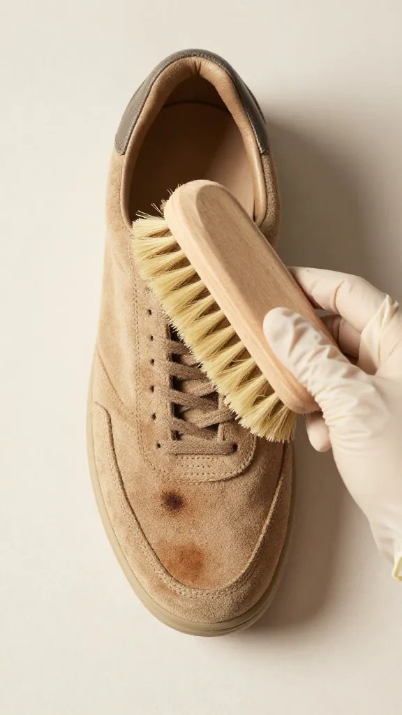 Close-up, overhead shot of a single tan suede sneaker on a clean, neutral background, with a visible dark coffee splash stain on the toe box. A hand wearing a simple latex-free glove gently uses a light-colored suede brush (nylon bristles) to brush the nap in one direction, with loose dry dust visible. Include subtle texture detail of the suede’s nap and the stain edge, soft natural daylight from the left, minimal shadows, no branding, no text.