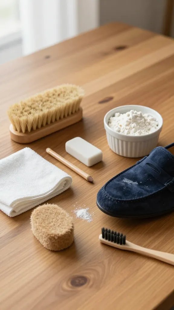 Step-by-step still-life composition on a wooden tabletop: neatly arranged minimalist suede-cleaning kit items—suede brush (crepe block and nylon brush), white pencil eraser, clean microfiber cloth, small bowl of cornstarch in a ramekin, and a soft toothbrush. Place a navy suede loafer with a faint greasy smudge near the vamp, a little cornstarch sprinkled on the spot, and the crepe block poised nearby. Warm, diffused window light, shallow depth of field, natural color tones, no labels, no text.