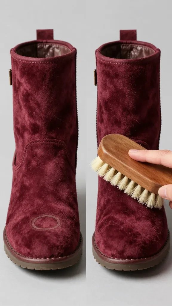 Before-and-after split scene of a burgundy suede ankle boot: left side shows scuffed, dusty nap with slight watermark ring; right side shows restored, even nap with rich color. A hand on the “after” side finishes by lightly brushing with a crepe brush, nap fibers visibly lifted. Neutral gray backdrop, soft side lighting to emphasize texture, realistic detail of nap direction, clean composition, no branding, no text.