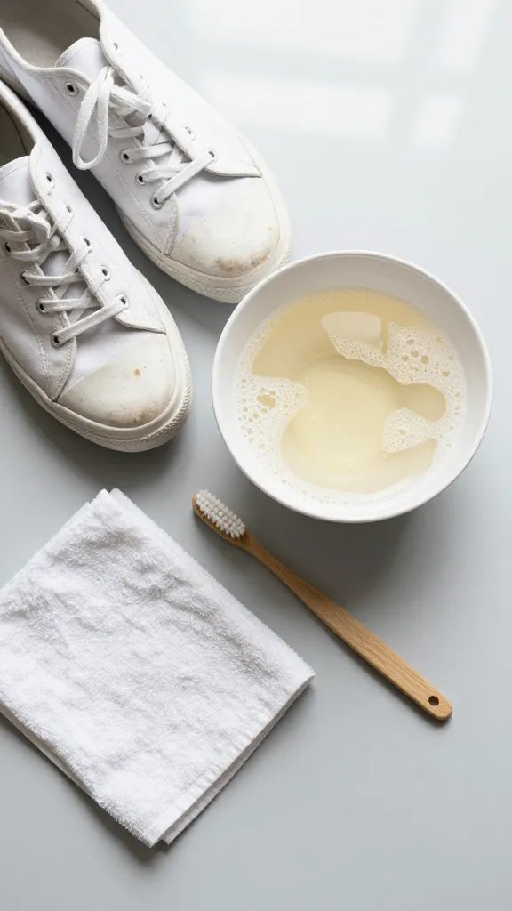 Overhead flat-lay of a small cleaning setup on a light gray surface: a pair of slightly dirty white canvas tennis shoes, a white bowl of warm soapy water with mild dish soap, a soft-bristle toothbrush, a microfiber cloth, and a small white towel. Include a close view of light dirt scuffs on the canvas and a faint coffee splash on the toe. Bright, natural window light, soft shadows, minimal background clutter, no text.
