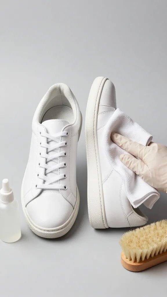 Step-by-step scene focused on leather white tennis shoes: one shoe half-cleaned showing a clear before/after split down the middle; on the side, a hand wearing a nitrile glove holds a dampened microfiber cloth, with a small bottle of gentle leather cleaner and a soft horsehair brush nearby. Avoid heavy water—show only a slightly misted cloth. Clean, neutral backdrop, studio lighting, no text.