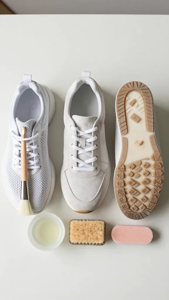 Multi-material cleaning vignette on a neutral tabletop: three white shoes side-by-side—left: knit/mesh sneaker with a soft makeup brush and a bowl of diluted mild detergent; center: suede/nubuck sneaker with a suede brush and a tan suede eraser; right: shoe angled to show rubber sole with a magic eraser and visible grime on the tread. Subtle labels implied by tools only (no text), crisp daylight, realistic textures, no people’s faces.