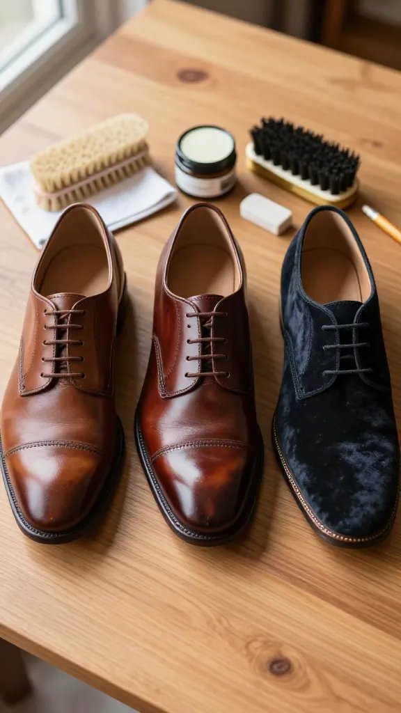 Close-up, well-lit flat lay on a wooden table showing three different leather shoes side by side: a smooth full-grain oxford, a glossy corrected-grain derby, and a velvety nubuck chukka. Include labeled-care tools visually distinct but with no text: a soft horsehair brush, a clean microfiber cloth, a small jar of neutral leather conditioner, a suede/nubuck brush with brass/crepe side, and a white pencil eraser. Natural daylight from the left, shallow depth of field, warm tones, no hands, no branding, clean minimal background.