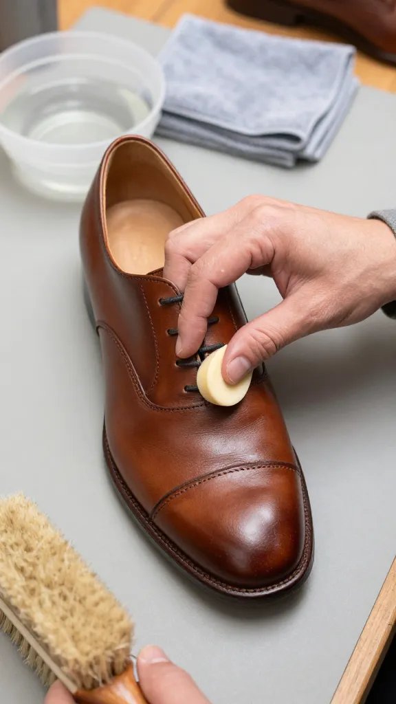 Step-by-step cleaning scene focused on a single brown full-grain leather oxford: a hand in a neutral-toned sleeve gently working a small amount of leather cleaner into the toe cap with circular motions using a foam applicator, visible light lather, with a horsehair brush, a bowl of clean water (not touching the shoe), and a folded microfiber cloth in the background. Setting on a tidy workbench with protective mat, soft side lighting highlighting the leather grain, realistic textures, no text, no logos.
