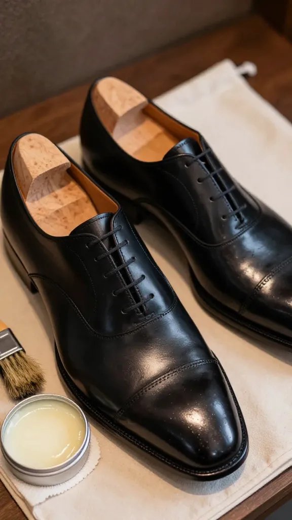 Post-cleaning conditioning and polishing vignette for smooth leather: a pair of black top-grain dress shoes on cedar shoe trees, one shoe matte after cleaning and the other gleaming after conditioner and a light wax buff. Include an open tin of neutral wax, a small dauber brush, a soft buffing cloth mid-swipe catching a subtle highlight, and a breathable shoe bag partially visible. Evening indoor lighting with warm highlights reflecting off the toe box, crisp, high-resolution, no text, no branding.