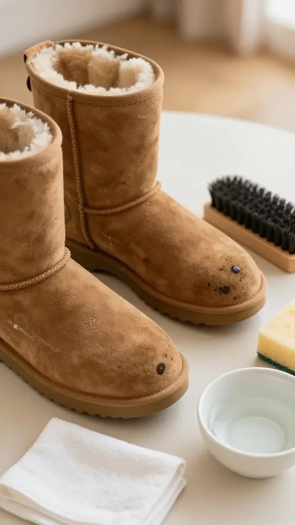 Close-up, well-lit scene of a pair of tan suede Ugg boots on a neutral tabletop, showing distinct types of stains labeled only by visual cues: a faint water “halo” ring on one boot shaft, a chalky white salt line near the sole, a small dark oily spot on the toe, and dusty dried mud on the heel; beside the boots are cleaning tools arranged neatly: a suede brush, a clean white microfiber cloth, a small bowl of clean water, and a soft sponge; warm natural light, shallow depth of field, no text, cozy minimalist backdrop.