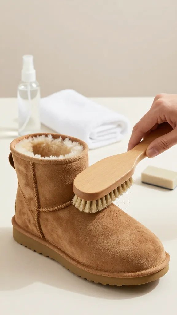 Step-by-step style composition in a single frame: the same tan Ugg boot positioned upright, with a hand gently brushing the dry suede in one direction using a suede brush, loose dried dirt visible lifting from the surface; in the background slightly out of focus: a small spray bottle of water, a white towel laid flat, and a clean eraser block for suede; soft daylight, neutral background, emphasize texture of suede and the “dry first, then clean” concept, no text.