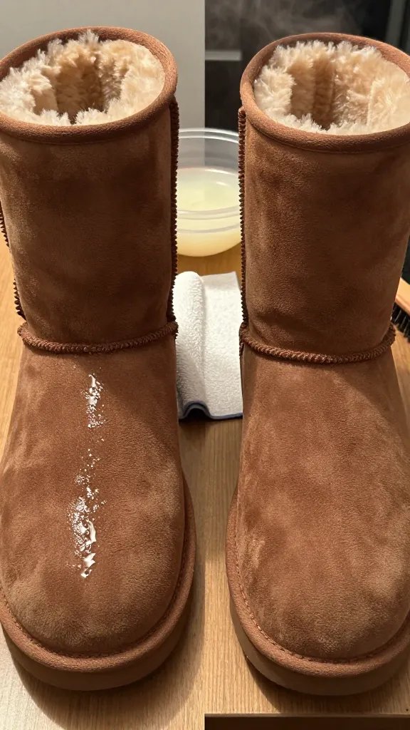 Before-and-after split scene of one Ugg boot: left side shows realistic salt and water tide lines and a light oil spot; right side shows the same areas evenly restored, nap looking soft and uniform; between the halves on the table: a small bowl of diluted cleaner, a damp (not soaked) microfiber cloth, and a suede brush; subtle steam or mist avoided (to prevent over-wet look), warm indoor lighting, high detail on suede nap, no text.